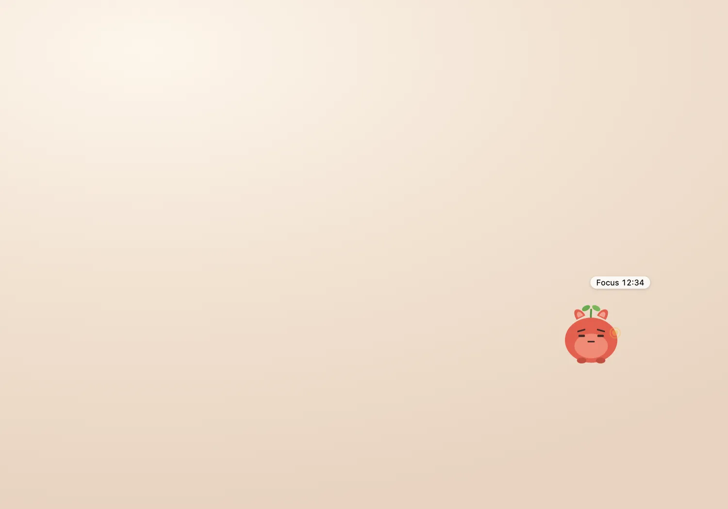 Pomi's orange desk pet focusing beside a 12:34 timer on a sample desktop.
