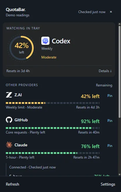 QuotaBar Windows demo: Codex, Z.AI, GitHub and Claude remaining allowances and reset times.